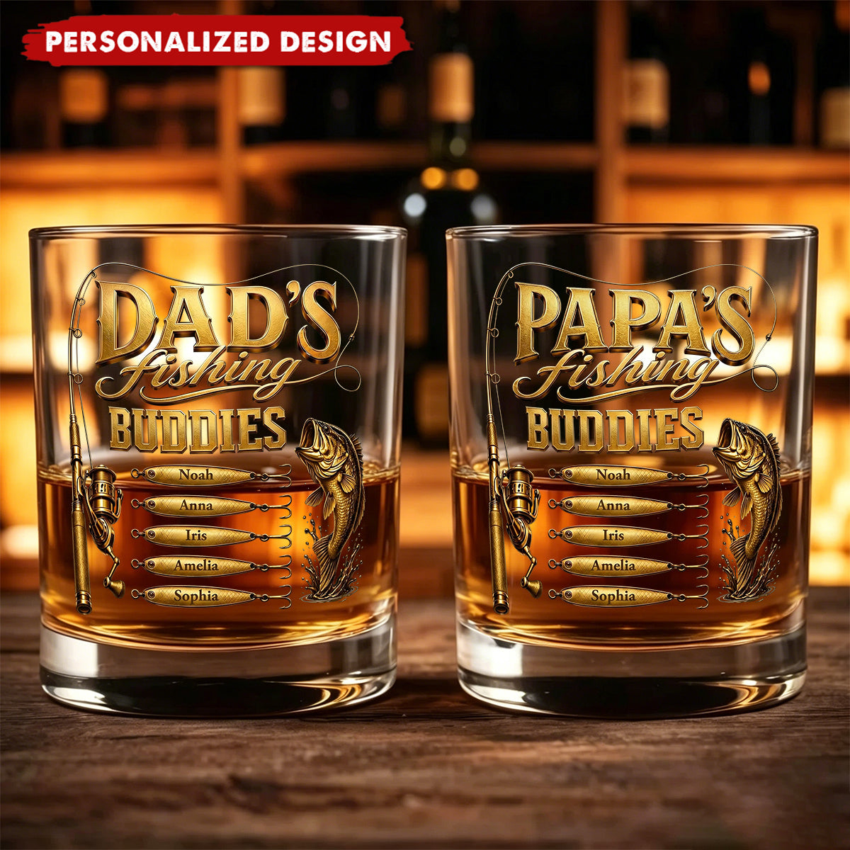Personalized “ Fishing Buddies” Whiskey Glass - Custom Names Fishing Keepsake