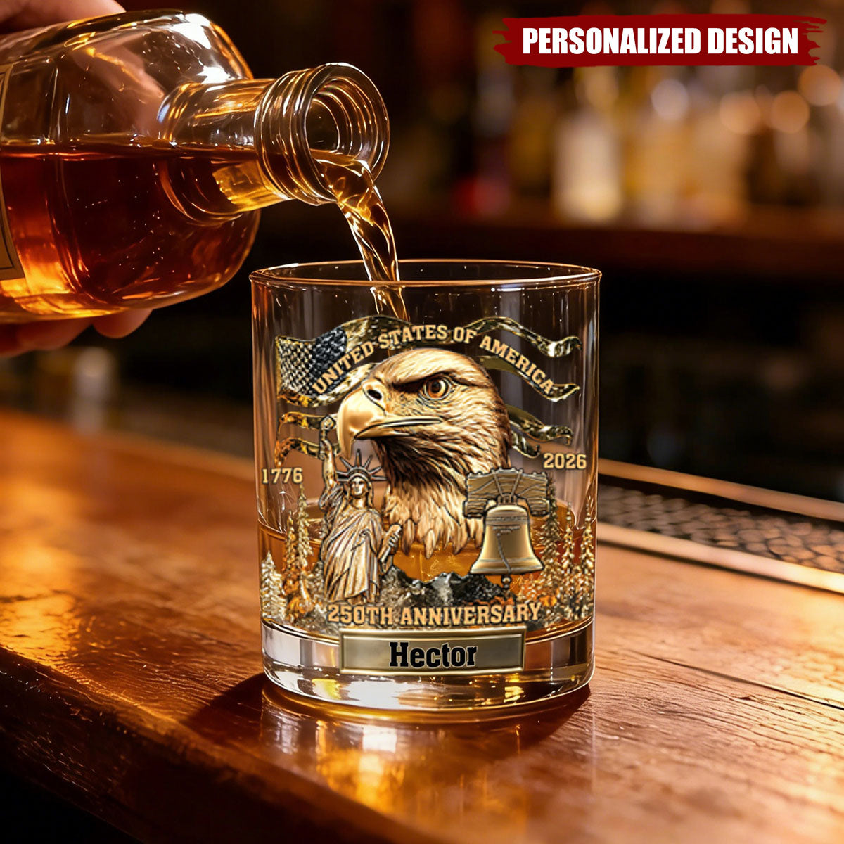 1776–2026 USA 250th Anniversary Whiskey Glass – Personalized Patriotic Keepsake