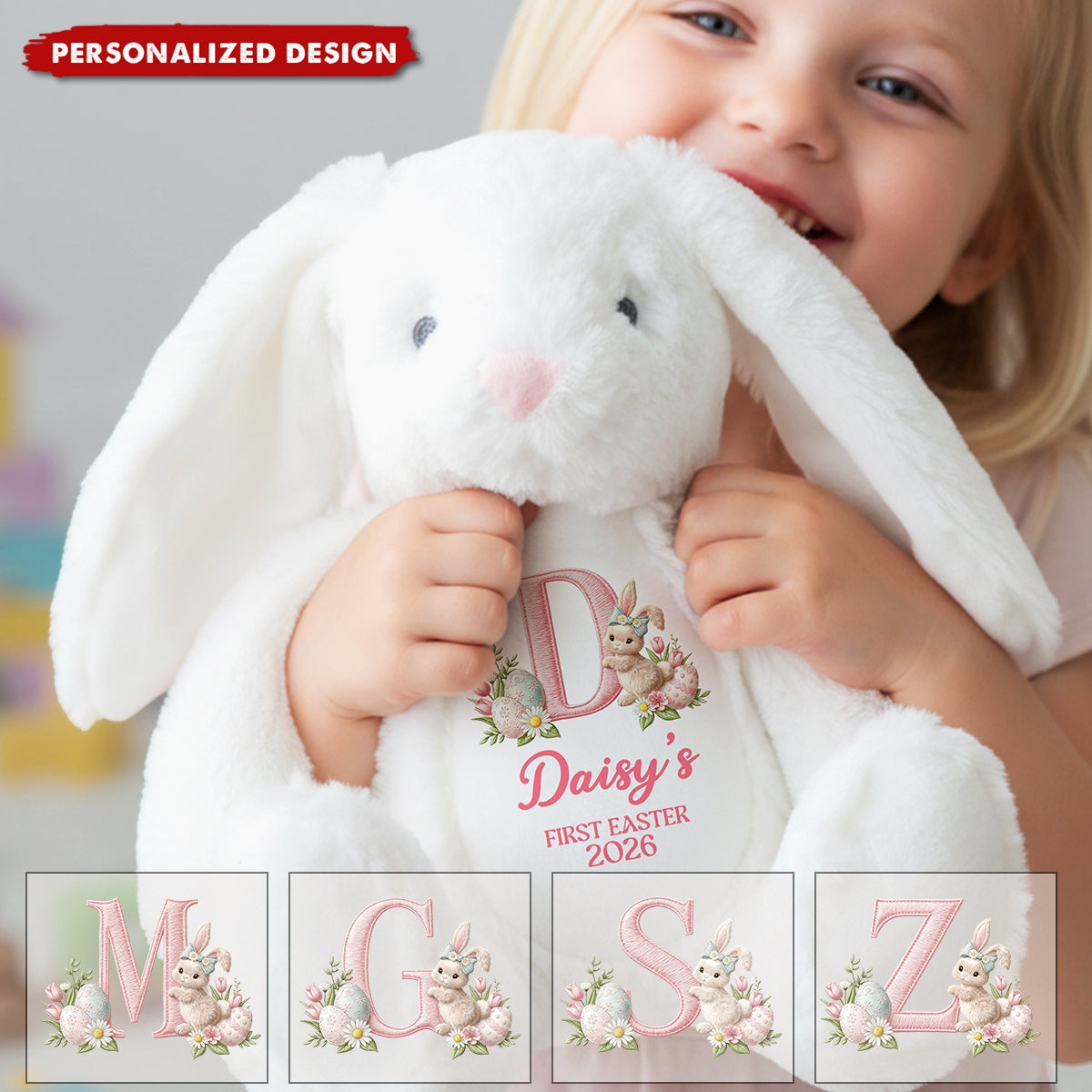 Personalized Baby Bunny Plush Doll– Custom Name & Initial Soft Easter Bunny Gift for Baby