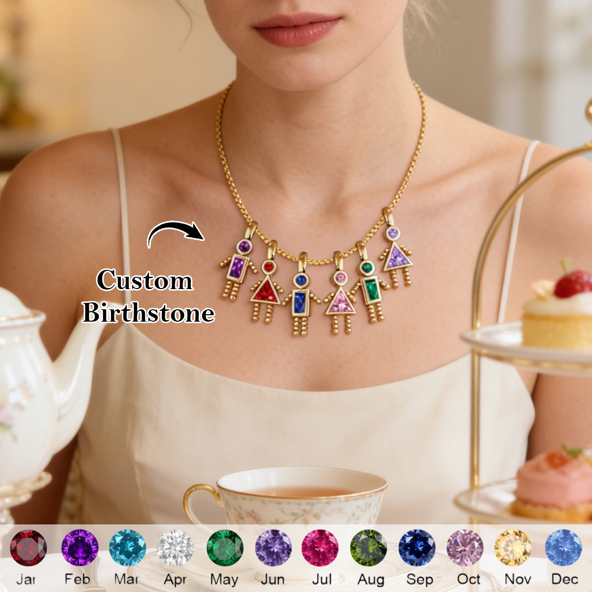 Personalized Birthstone Kids Pendant Necklace, Gift For Mom Grandma