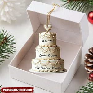Personalized Luxury Pearl Wedding Cake Christmas Ornament - Custom Date and Name