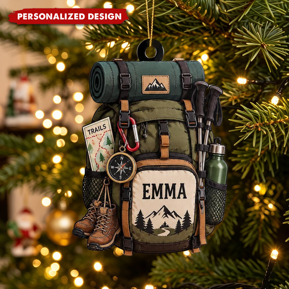 Hiker Gift Custom Name Trail Backpack Acrylic Christmas Ornament