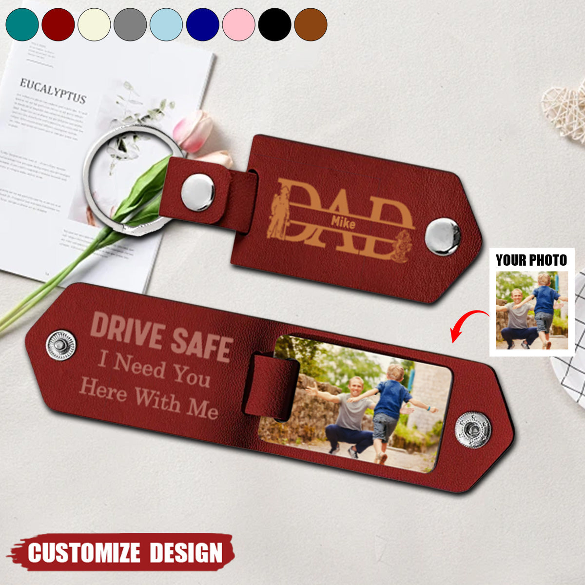 Dad Drive Safe With Kids Names - Personalized Leather Photo Keychain