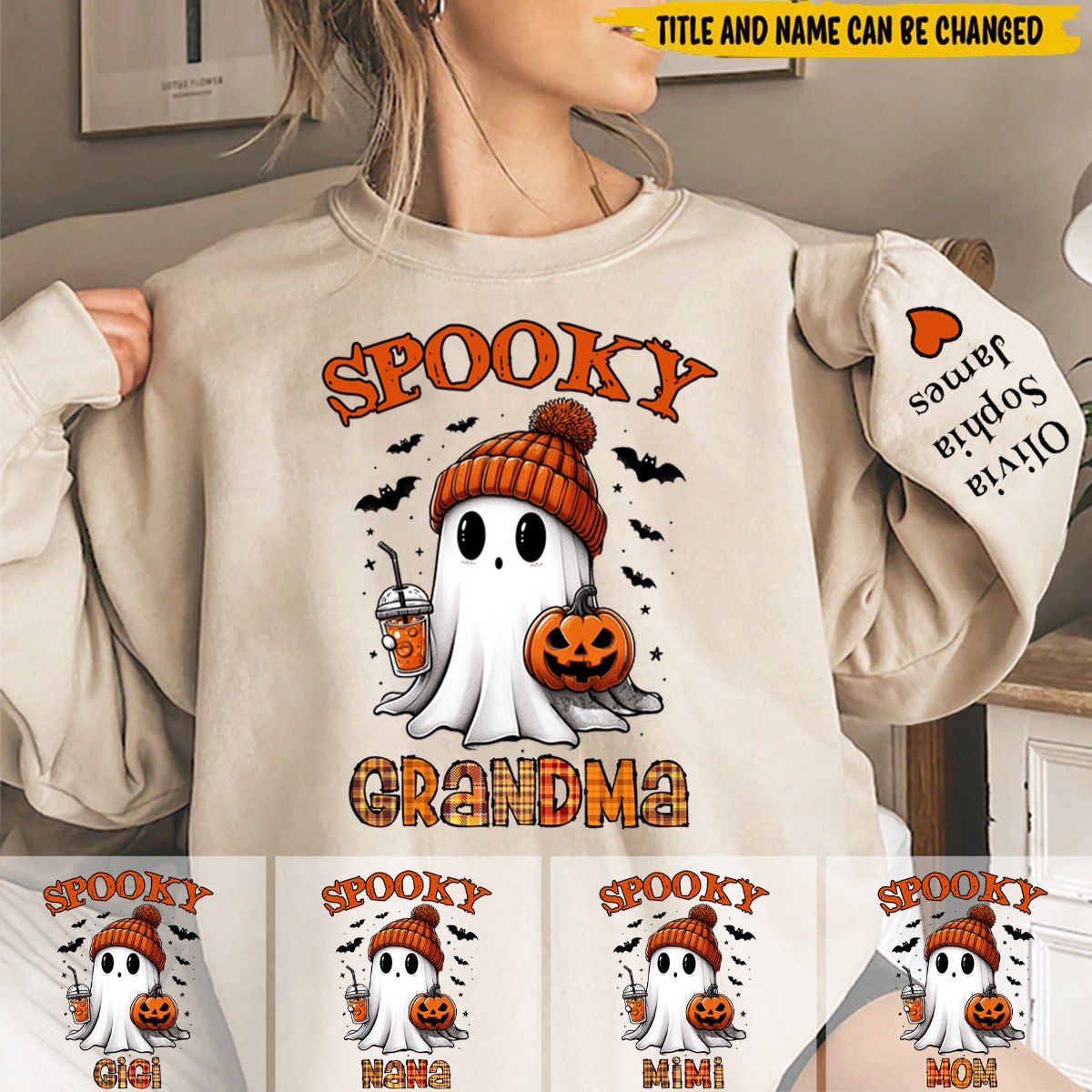 Spooky Grandma Ghost Enter Kid Names On Sleeve Personalized Sweatshirt