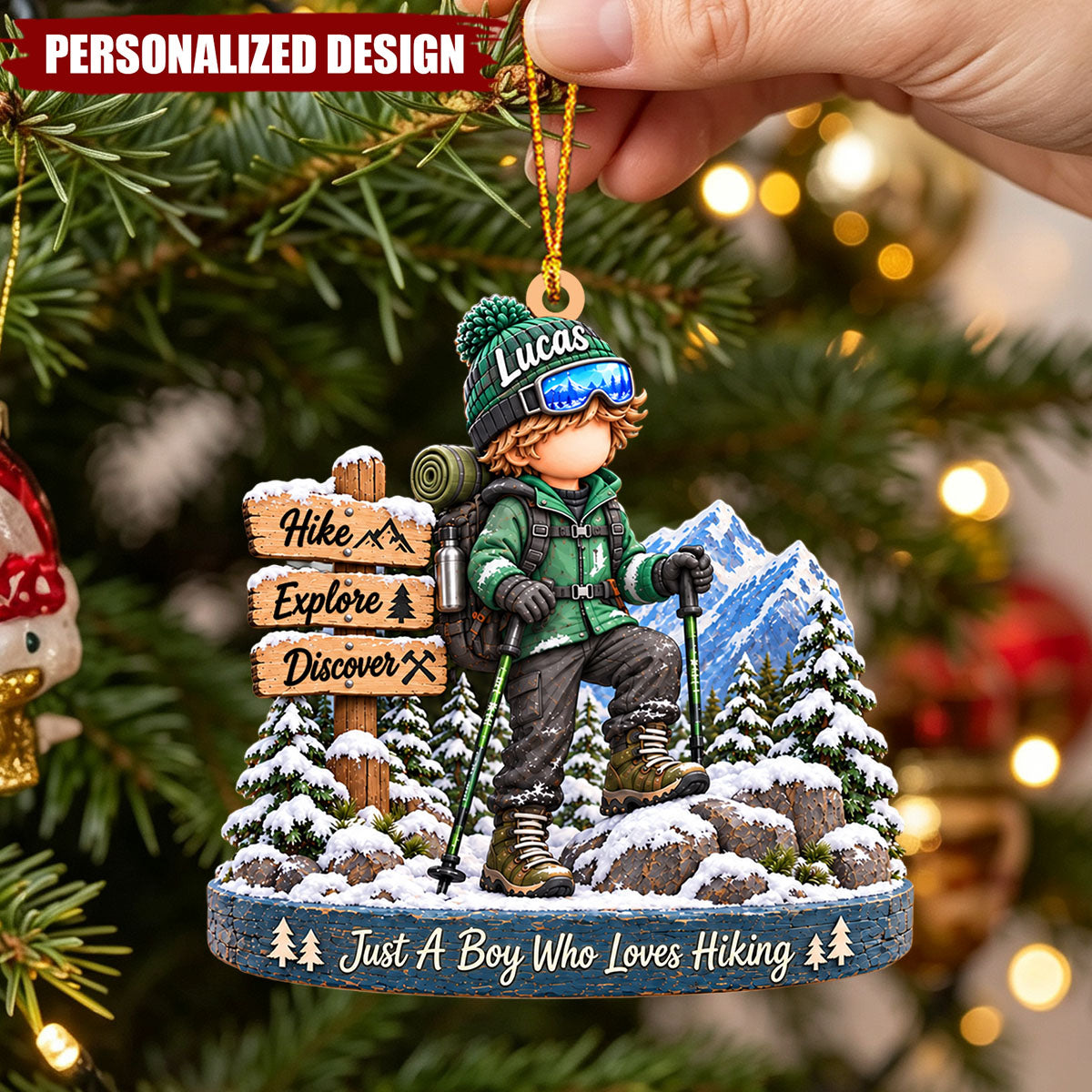 Personalized Outdoor Adventure Boy Christmas Ornament - Hiking Lover Acrylic Keepsake