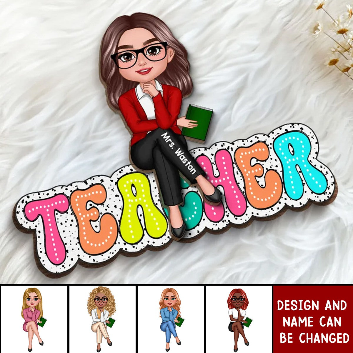 Doll Teacher Sitting On Text Dalmatian Dot Personalized 2-Layer Wooden Plaque, Back To School Gift