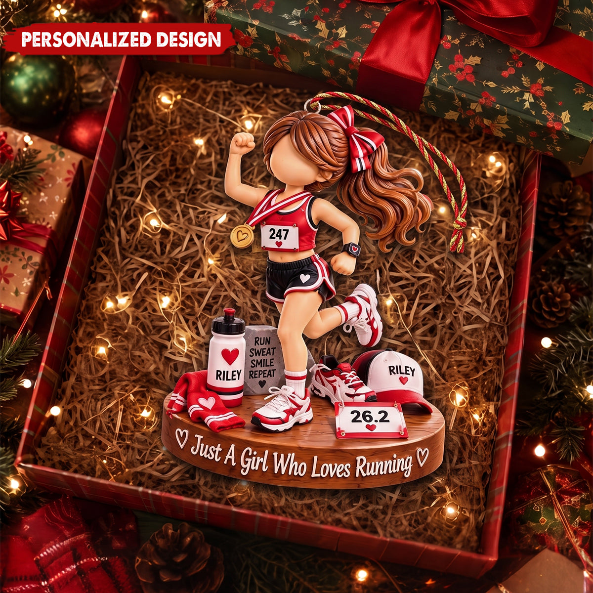 Custom Name Marathon Runner Girl Acrylic Ornament - Christmas Tree Sports Hanging Decor