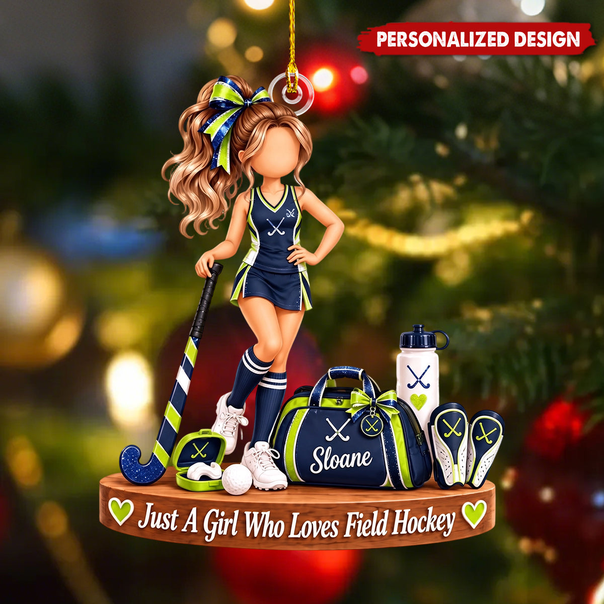Personalized Field Hockey Girl Acrylic Christmas Ornament - Field Hockey Player Hanging Ornament Gift