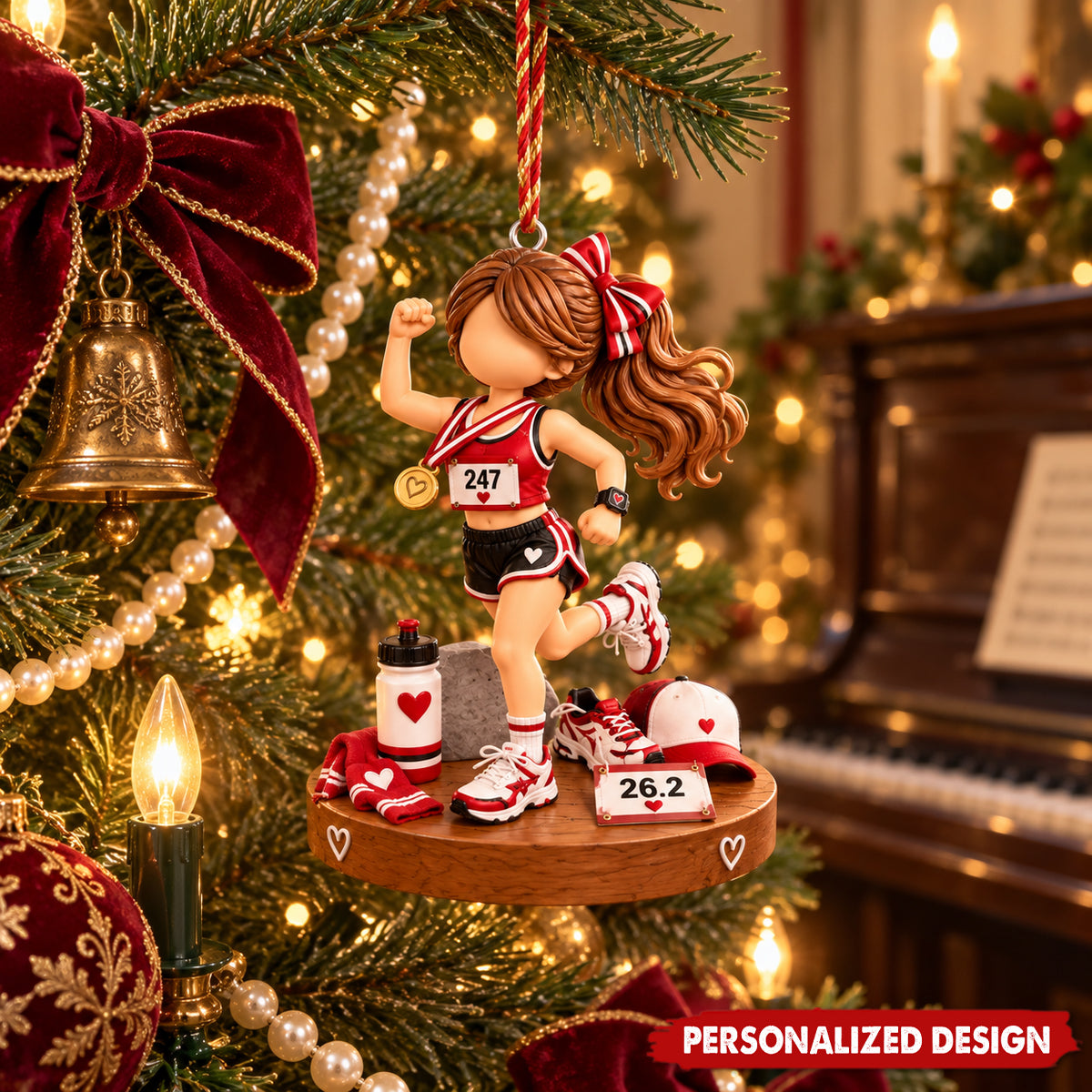 Custom Name Marathon Runner Girl Acrylic Ornament - Christmas Tree Sports Hanging Decor
