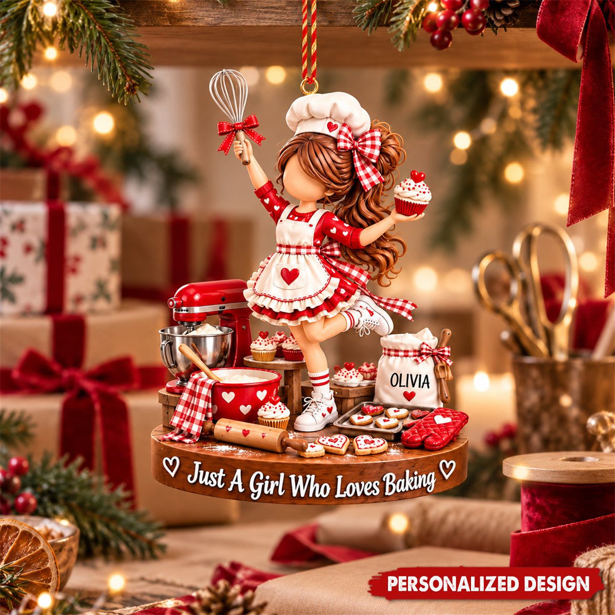 Custom Name Baker Girl Acrylic Ornament - Christmas Tree Decor for Baking Enthusiasts