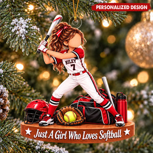 Personalized Softball Girl Acrylic Christmas Ornament - Custom Name & Jersey Number Sports Tree Decor