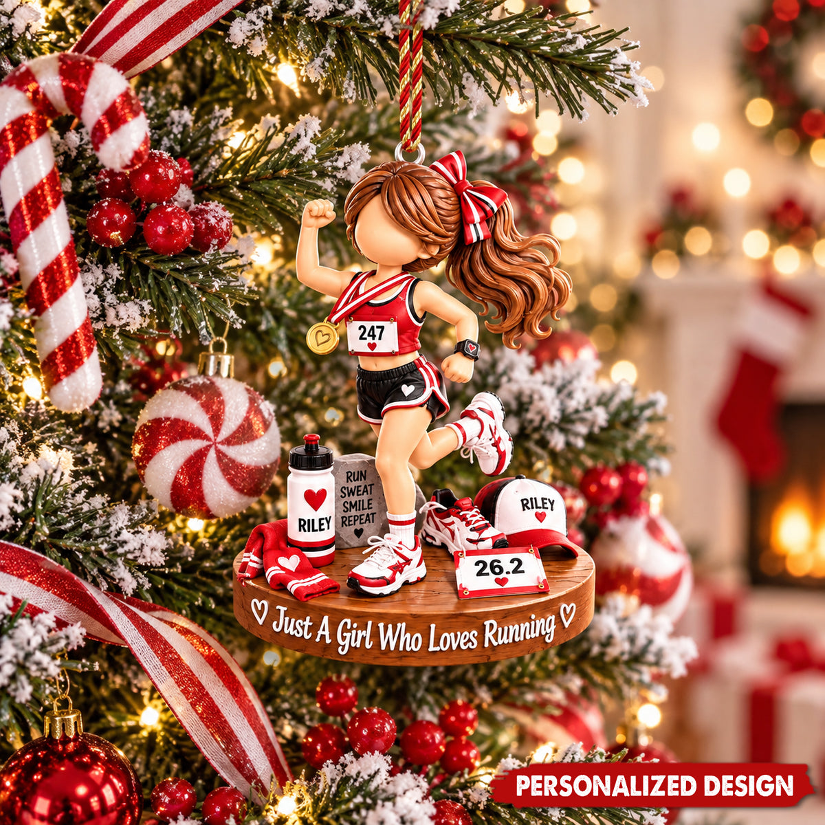 Custom Name Marathon Runner Girl Acrylic Ornament - Christmas Tree Sports Hanging Decor