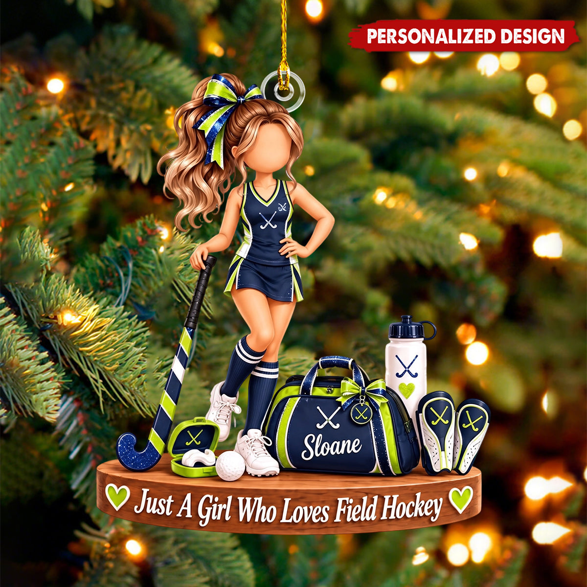 Personalized Field Hockey Girl Acrylic Christmas Ornament - Field Hockey Player Hanging Ornament Gift