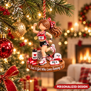 Custom Name Marathon Runner Girl Acrylic Ornament - Christmas Tree Sports Hanging Decor