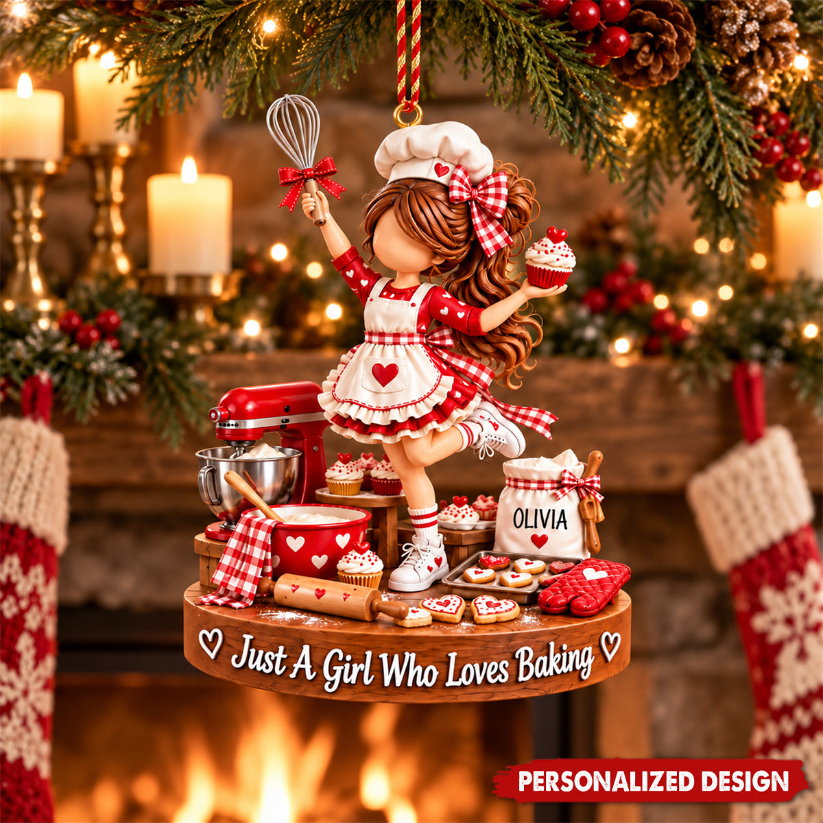 Custom Name Baker Girl Acrylic Ornament - Christmas Tree Decor for Baking Enthusiasts