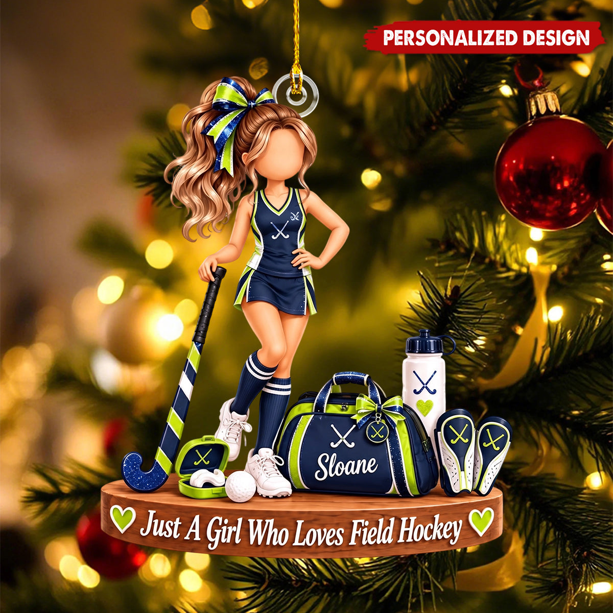 Personalized Field Hockey Girl Acrylic Christmas Ornament - Field Hockey Player Hanging Ornament Gift
