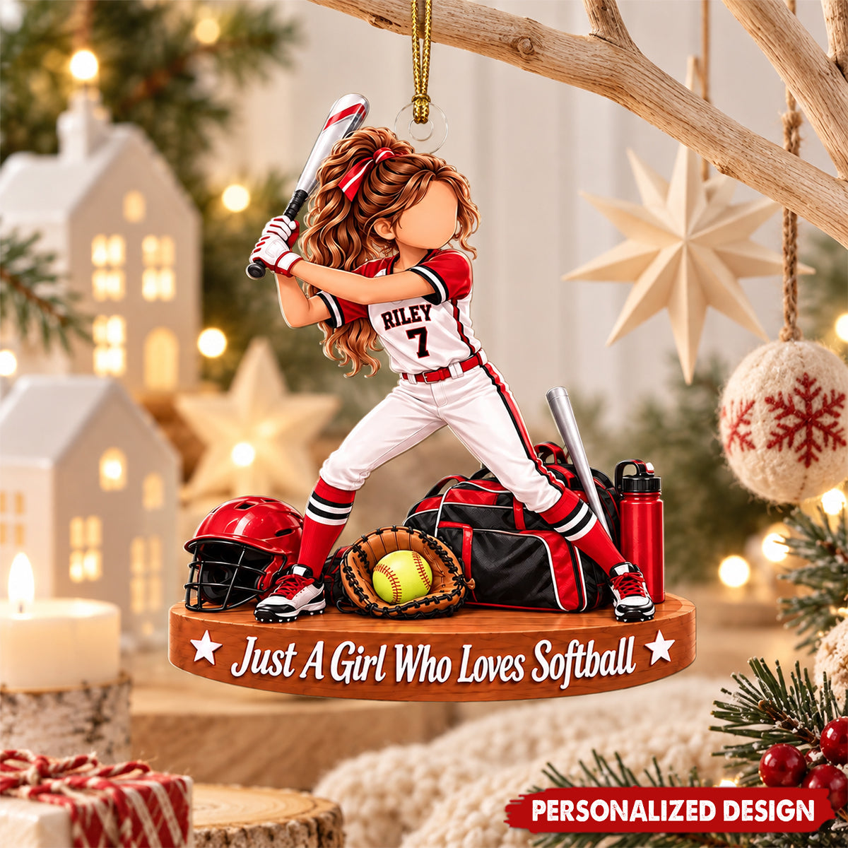 Personalized Softball Girl Acrylic Christmas Ornament - Custom Name & Jersey Number Sports Tree Decor
