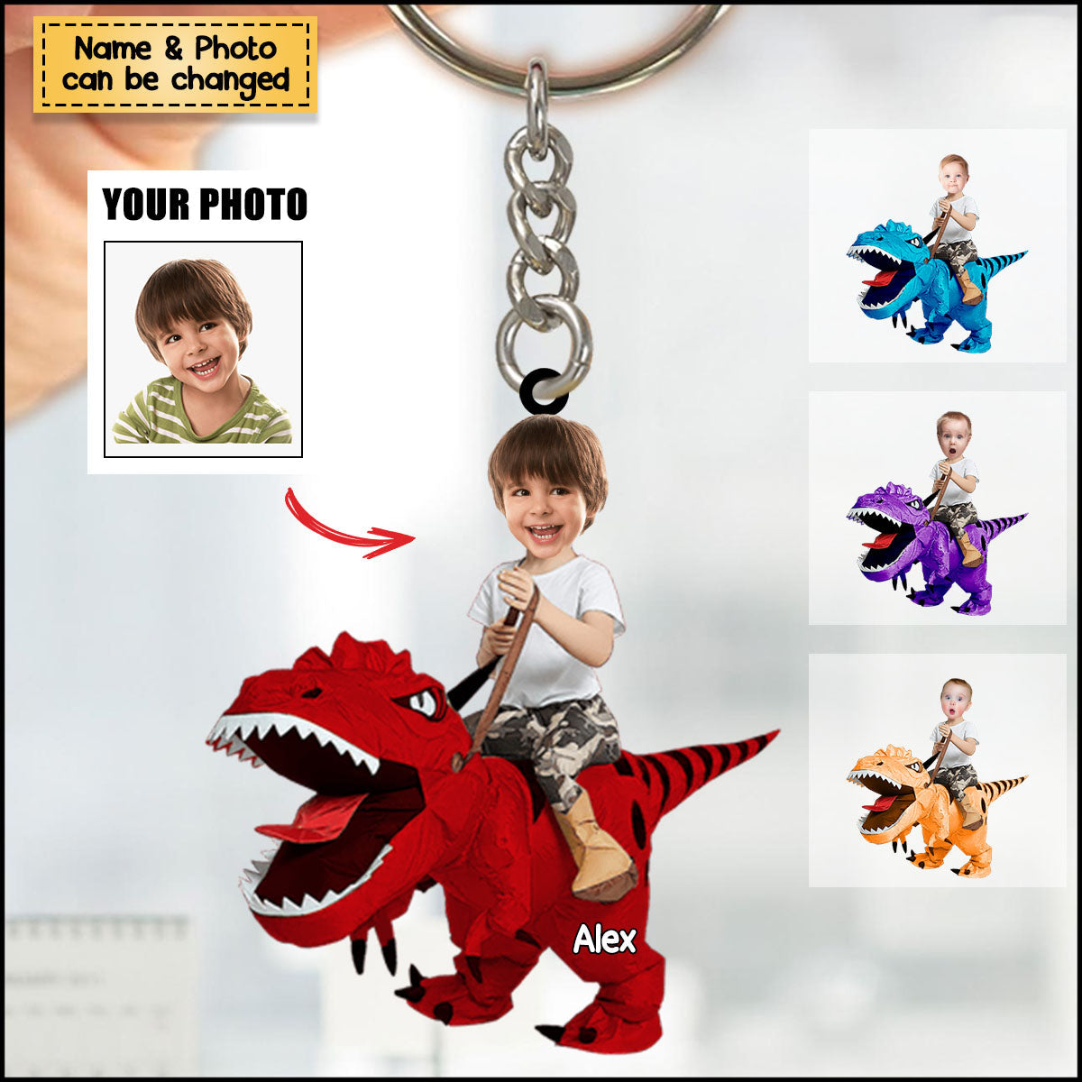 Gift For Kid, Personalized Keychain, Dinosaur Custom Image Upload Keychain