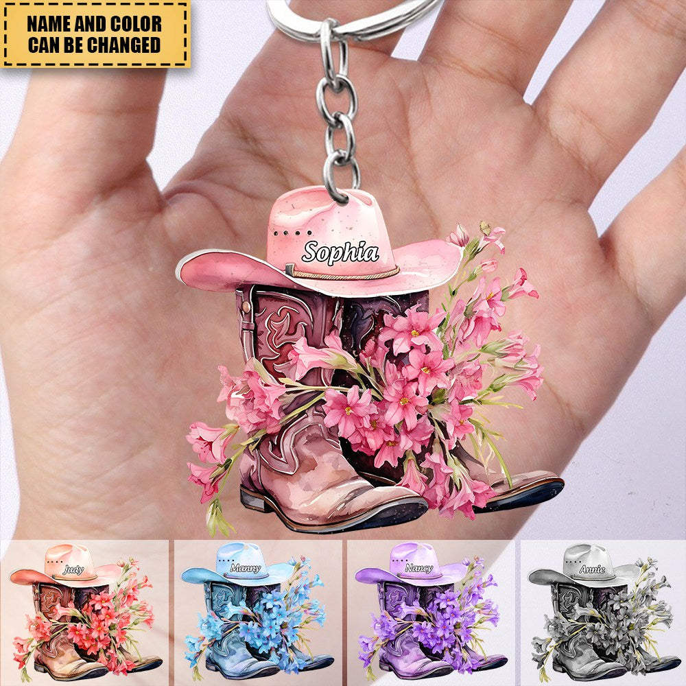 Personalized Boots And Hat With Flower Cowgirl / Cowboy Keychain
