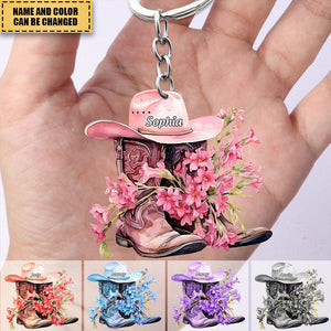 Personalized Boots And Hat With Flower Cowgirl / Cowboy Keychain