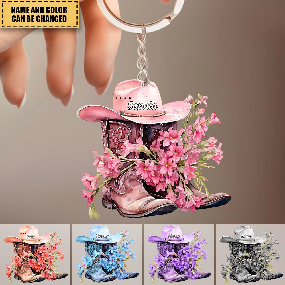 Personalized Boots And Hat With Flower Cowgirl / Cowboy Keychain
