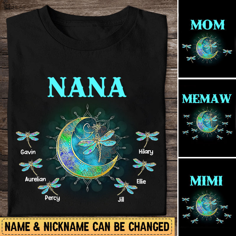 Personalized Grandma/Mom Kids Dragonfly Moon T-shirt
