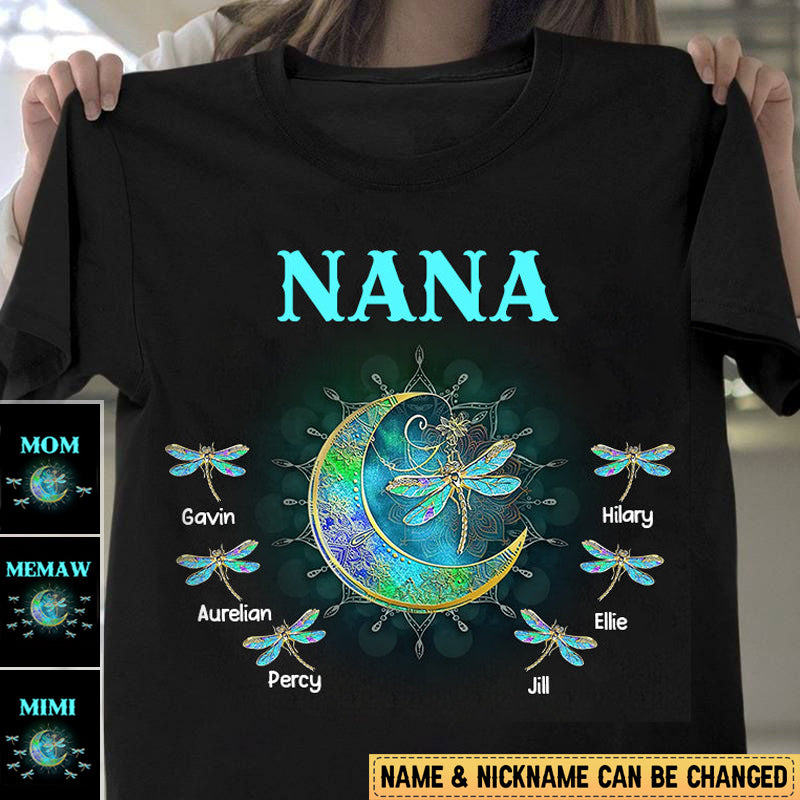 Personalized Grandma/Mom Kids Dragonfly Moon T-shirt